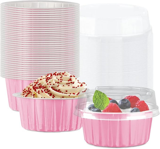 Lainrrew 50 Pack Pink Aluminum Foil Baking Cups with Lids, Disposable, Round, Perfect for Birthday, Wedding, Christmas & Other Occasions
