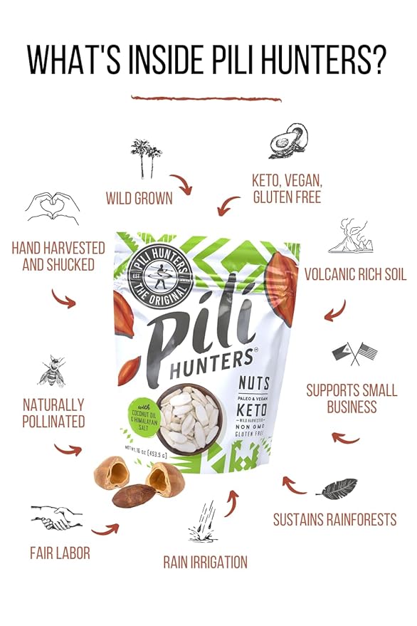 Pili Hunters - Wild Sprouted Pili Nuts, Coconut Oil and Himalayan Salt (5oz Bag) Keto/Paleo/Vegan Snacks, Low Carb Energy, Gluten Free, No Sugar Added, Superfood