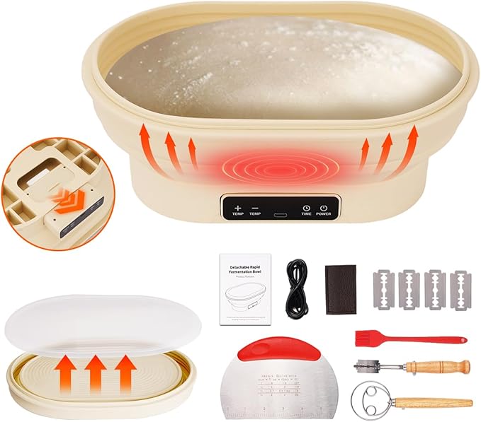 2L Heating Bread Proofing Basket Set Foldable Thermostatic Silicone Bowl with 77-122??6 Gears Temperature & 6H Timer, for Artisan Baking Sourdough Starter Bread Making Supplies Tools Kit