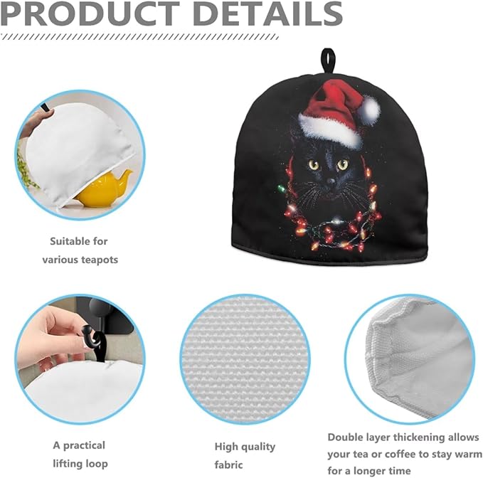 Cat with Christmas Hat Tea Cosy Breakfast Warmer, Dustproof Washable Kitchen Teapot Protective Cover Insulation and Keep Warm, Home Kitchen Table Accessories Both Sides Can Be Used