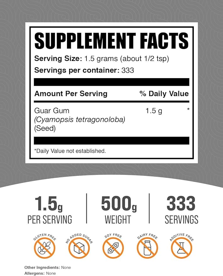 BulkSupplements.com Guar Gum Powder - Guar Gum Supplement - Binder, Food Grade, & Gluten Free, 1.5g per Serving, 500g (1.1 lbs) (Pack of 1)