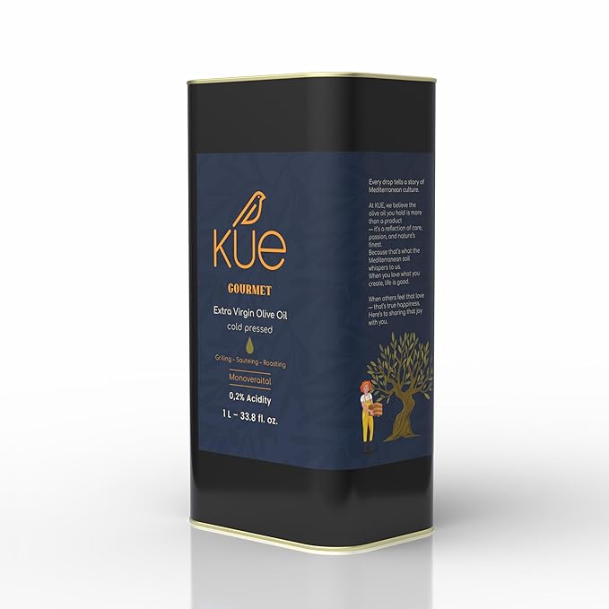 Kue Gourmet Extra Virgin Olive Oil Cold Pressed - Mediterranean Olive Oil - EVOO - Aceite de Oliva Extra Virgen - Monovarietal - Olive Oil Extra Virgin For Cooking - Oil Olive Tin - 33.8 Fl. Oz.