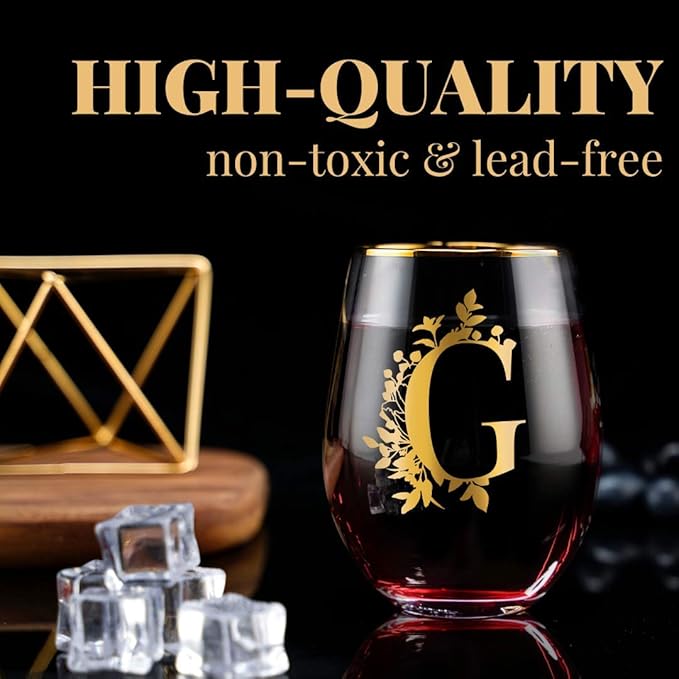Onebttl Unique Stemless Wine Glasses, Initial Wine Cup for Red or White Wine - 18oz, Monogrammed, Gold - for Women, Girls, Female, Her, Friends, Coworkers, Clients - for Birthday, Christmas