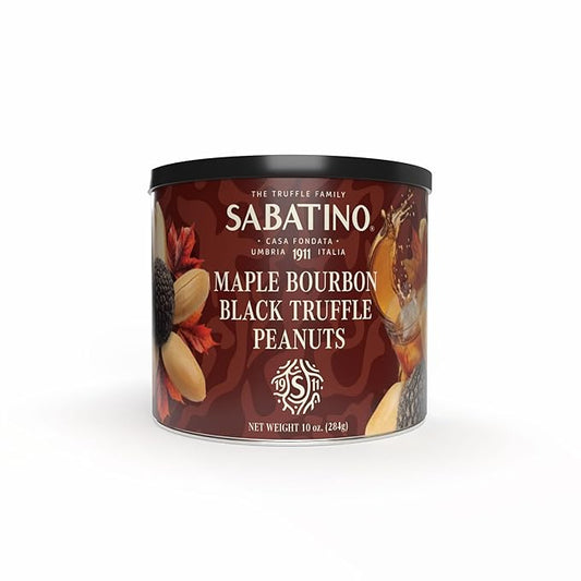 Sabatino Maple Bourbon Black Truffle Peanuts ??Gourmet Roasted Peanuts with Maple Bourbon & Black Truffle, Premium Snack, 10 oz Tin