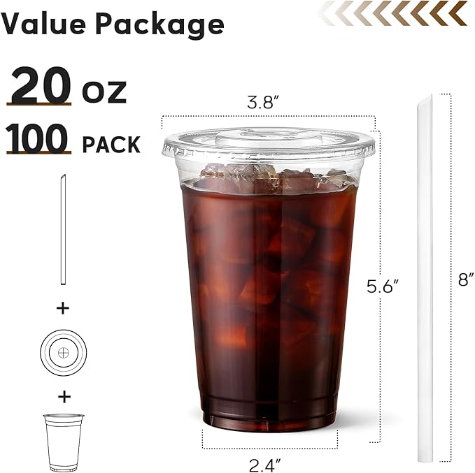 AOZITA 100 Pack 20 oz Disposable Plastic Cups with Lids and Straws, Clear Iced Coffee Cups for Cold Beverages, Smoothies, Iced Coffee, Leak-Proof, BPA-Free