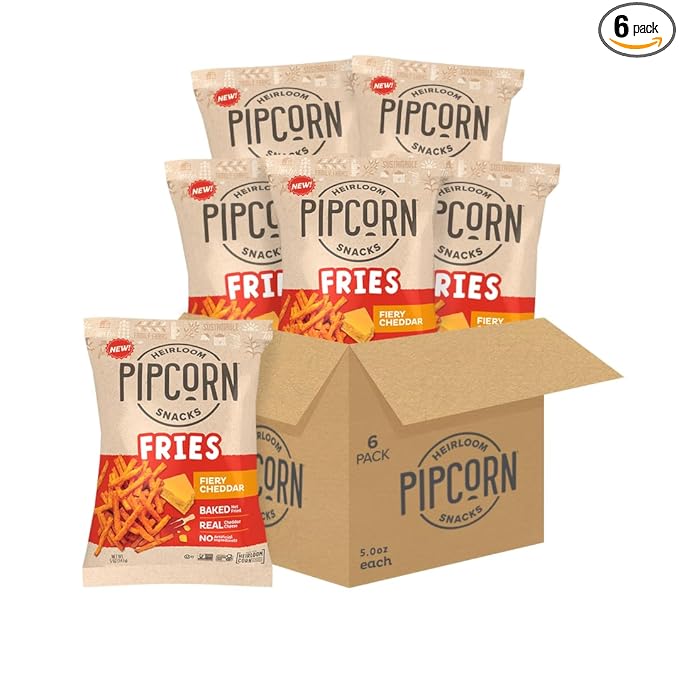 Heirloom Baked Fiery Cheddar Fries by Pipcorn - 5oz 6pk - Healthy Snacks, Gluten Free Snacks, Non-GMO, Upcycled Heirloom Corn Flour, Vegan, Baked Not Fried Snacks