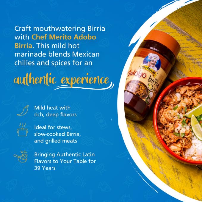 Chef Merito짰 Birria Marinade | Authentic Mexican Flavor | 14-15 Uses | Add Water or Broth | Mild Heat | Perfect for Birria Tacos & Stews | Made in USA | Trusted Since 1985 |