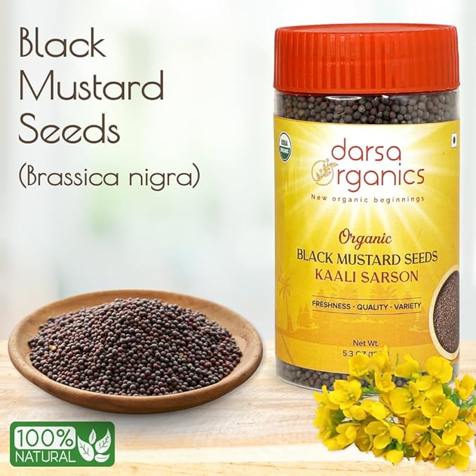 Darsa Organics Black Mustard Seeds 5.3 oz - Premium Quality USDA Organic Certified Black Mustard Seeds for Pickles, Curries, & Spice Blends, Non-GMO, Gluten-Free, Kosher packed in a BPA Free Jar