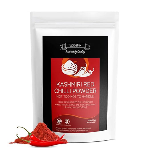 SpiceFix - Kashmiri Red Chilli Powder, Mild to Medium Heat Sun-Dried Indian Red Chili Powder, Natural Ground Vegan Kashmiri Spice in a Resealable Bag, 7 Ounces