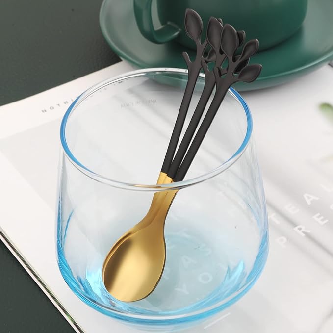 AnSaw Small Coffee Spoon Holder Set,Black Swan Base With 10 Pcs Black & Gold Demitasse Espresso Spoons Set,4.7" Mini Leaf Dessert Spoon,Stainless Steel Tea Spoons