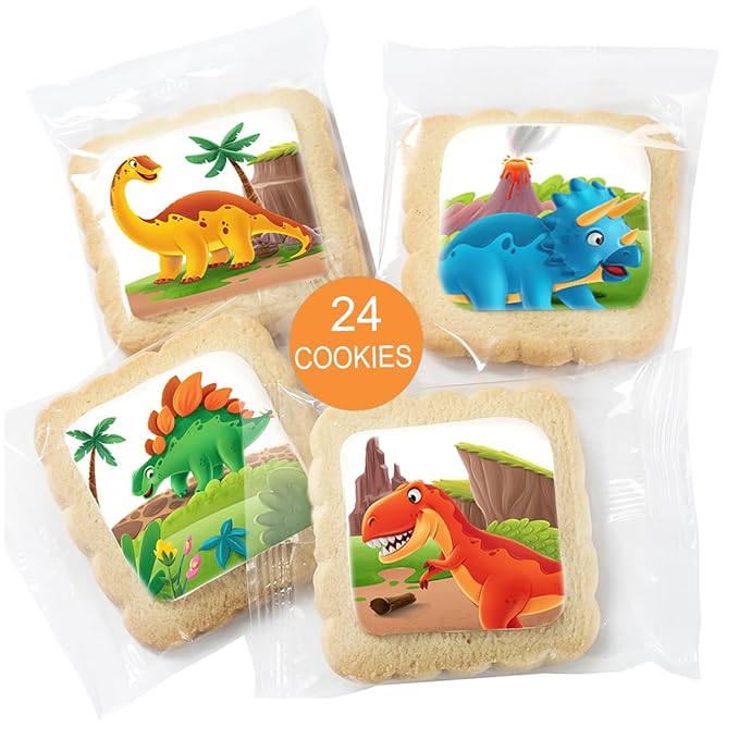 Dinosaur Cookies Individually Wrapped Dino Jurrasic themed Theme Party Favors 24 Pack Bulk for Kids Birthday Party Sugar Cookie T-Rex