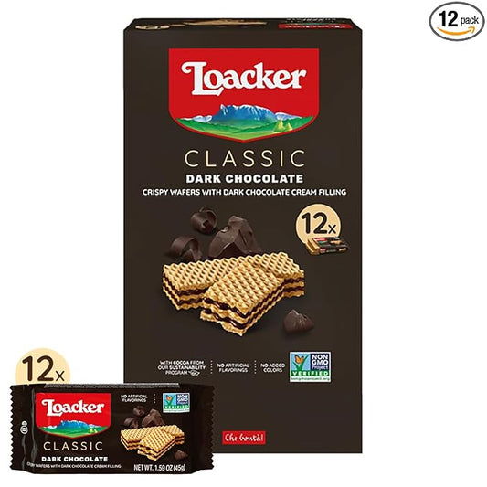 Loacker Classic Dark Chocolate Wafers - Premium Crispy Wafer Cookies with Dark Chocolate Cream Filling - Multipack of 12 Snack Packs - NON-GMO - Sustainably Sourced Cocoa - 45g/1.59oz, Pack of 12