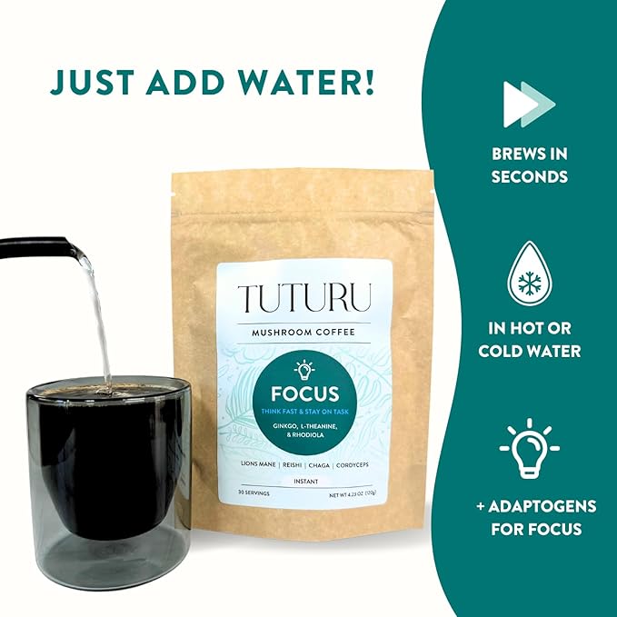 Focus Mushroom Instant Coffee - Adaptogen Coffee with Lion's Mane, Chaga, Ginkgo, L-Theanine - Jitter & Crash Free Energy - 35 Servings (Instant)