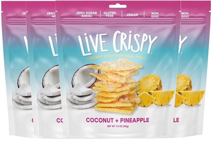 Live Crispy Fruit Chips - Pineapple-Powered Snack Packed with 100% Natural Fruit - Antioxidant-Rich, Vitamin-Packed (Coconut/Pineapple) 4 Pack
