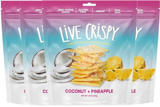 Live Crispy Fruit Chips - Pineapple-Powered Snack Packed with 100% Natural Fruit - Antioxidant-Rich, Vitamin-Packed (Coconut/Pineapple) 4 Pack