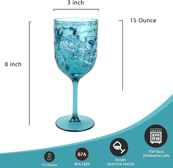 Yalin Set of 6 Unbreakable 12 oz Acrylic Plastic Wine and Water Tumbler Stackable Goblets. (Multicolor, 15 oz)