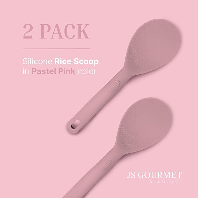 Silicone Rice Paddle Set – 2-Piece Set of Spoon Spatulas for Non-Stick Cookware – Kitchen Tools and Accessories with Comfortable Handles, Heat-Resistant Utensils for Cooking and Baking – Pastel Pink