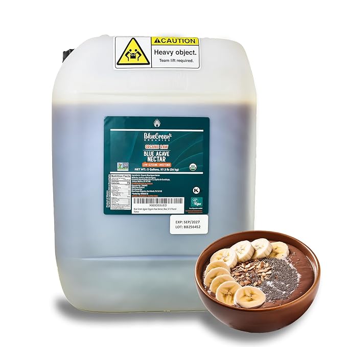 BLUE GREEN ORGANICS, Agave syrup, Agave, Gluten Free, Organic, Sweetener, coffees, pancakes or any baked good, Family-friendly, For restaurants, Sugar substitute, Raw, 57.3 Lb