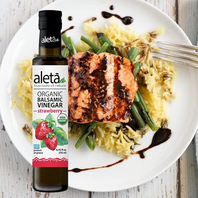 Aleta Farms Balsamic Vinegar, Greek Organic Strawberry Infused Aged Balsamic Vinegar, USDA Organic, Perfect for Salad Dressings, Pasta, Desserts & Cocktails, Glass Bottle, 8.45 fl oz (Strawberry)