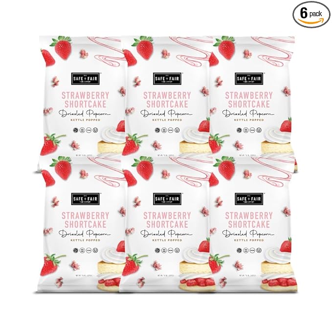 Safe + Fair Plant-Based Gourmet Strawberry Flavored Popcorn - Strawberry Shortcake Drizzled Kettle Corn Popcorn - Non-GMO + Gluten-Free Snacks 5.5oz,6 Pack