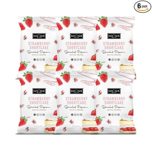 Safe + Fair Plant-Based Gourmet Strawberry Flavored Popcorn - Strawberry Shortcake Drizzled Kettle Corn Popcorn - Non-GMO + Gluten-Free Snacks 5.5oz,6 Pack