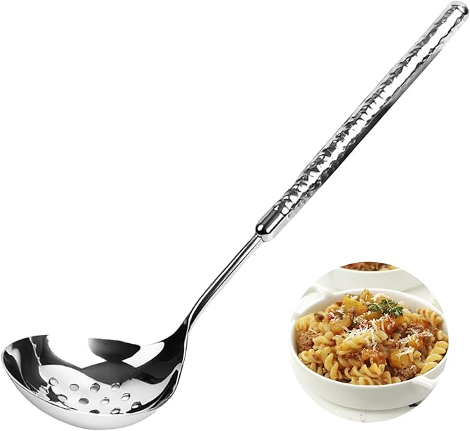 18/8 Stainless Steel Slotted Serving Spoon, 9.4" Metal Kitchen Strainer Spoon for Hot Pot, Pasta, Vegetables, Dishwasher Safe, Hammered Design with Round Handle