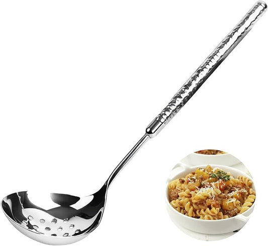 18/8 Stainless Steel Slotted Serving Spoon, 9.4" Metal Kitchen Strainer Spoon for Hot Pot, Pasta, Vegetables, Dishwasher Safe, Hammered Design with Round Handle