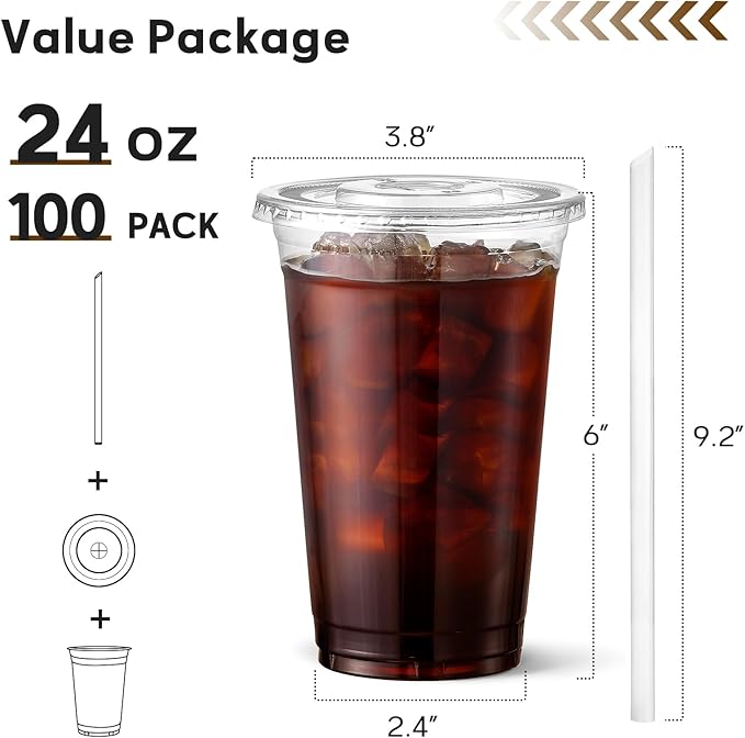 AOZITA 100 Pack 24 oz Disposable Plastic Cups with Lids and Straws, Clear Iced Coffee Cups for Cold Beverages, Smoothies, Iced Coffee, Leak-Proof, BPA-Free