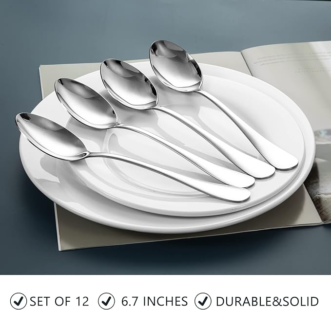 SANTUO Stainless Steel Teaspoon Set,12 Piece 6.7" Spoons Silverware,Dessert Spoons,Mirror Finish & Dishwasher Safe