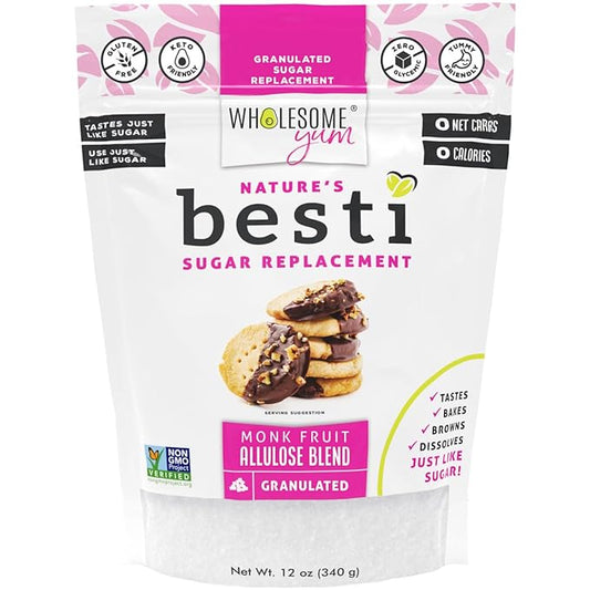 Wholesome Yum Besti Natural Sugar Substitute - Keto Granulated Monk Fruit Sweetener Blend With Allulose (No Erythritol) - Non GMO, Zero Calorie, Zero Carb, Sugar Free, No Aftertaste (12 oz)