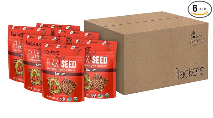 Flackers Organic Savory Flaxseed Crackers, 5 Ounce 6-Pack, Gluten Free, Non GMO, Vegan, Keto Snack, 8g Fiber, 3g Net Carbs