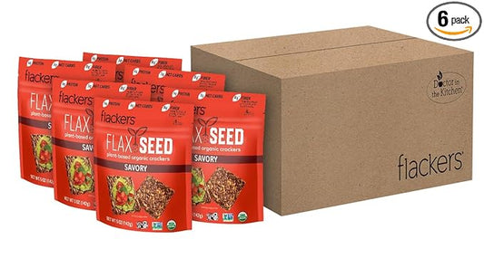 Flackers Organic Savory Flaxseed Crackers, 5 Ounce 6-Pack, Gluten Free, Non GMO, Vegan, Keto Snack, 8g Fiber, 3g Net Carbs