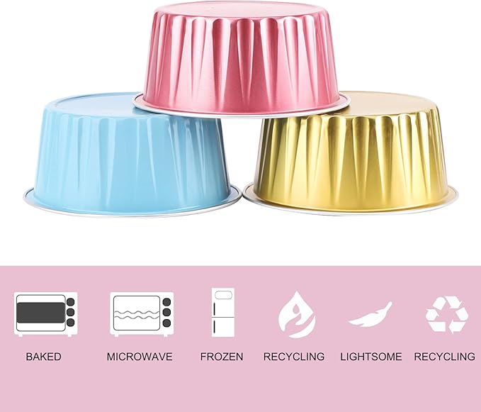 EUSOAR Mini Aluminum Pans with Lids, Pack of 30 Gold Bule Red 5oz Disposable Aluminum Foil Cupcake Liners Ramekins Baking Cups, Dessert Cups with Lids Aluminum Cheesecake Pan Creme Brulee Ramekins