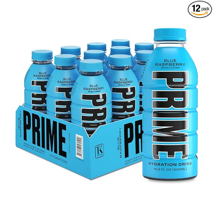 PRIME Hydration BLUE RASPBERRY, Sports Drinks, Electrolyte Enhanced for Replenishing Fluids, 250mg BCAAs, B Vitamins, Antioxidants, Low Sugar, 16.9 Fl Oz, 12 Pack