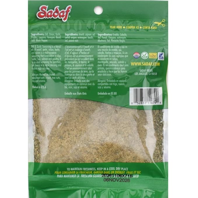 Sadaf Dill & Garlic Seasoning - Garlic and Herb Seasoning for Cooking and Food Flavoring - Seasonings and Spices - Kosher - 2 Oz Resealable Bag
