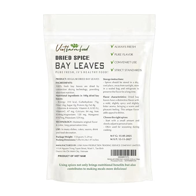 REGULAR DRIED BAY LEAVES 5.29 Oz (150g) VIETFARMFOOD: Natural pure, convection dried seasoning made from real vegetables - perfect for adding flavor to any meal, from cooking, baking, soups, sauces