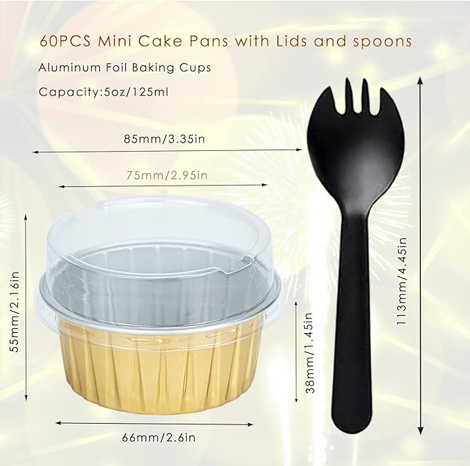 60 Pcs Mini Cake Pans with Lids,5oz Aluminum Foil Baking Cups Round Mini Disposable Ramekins 125ml Muffin Tin Ramekins Brownie Baking Cups, Dessert Cupcake Cups for Wedding Birthday Party(Gold)