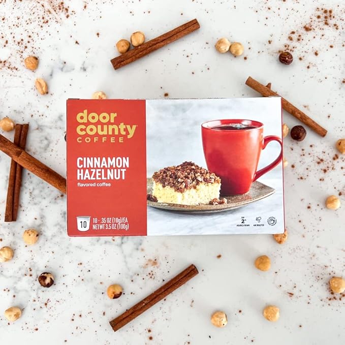 Door County Coffee Cinnamon Hazelnut Flavored Ground | 30 Count Single Serve Cups | Medium Roast | 100% Specialty Arabica | Flavored Gourmet | Cinnamon Hazelnut
