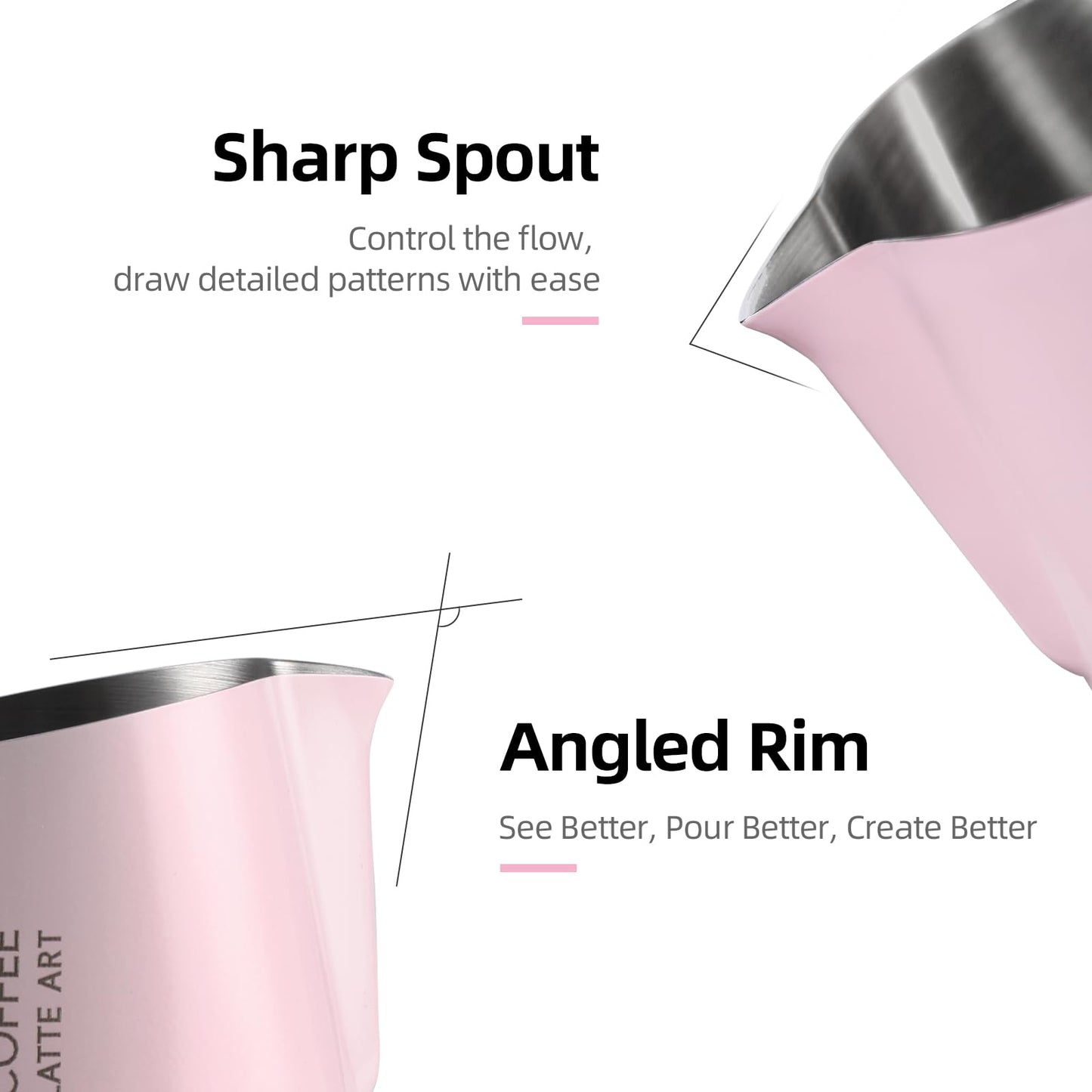 Milk Frothing Pitcher with Sharp Spout & Angled Rim – Precision latte art pitcher for Fine Lines &