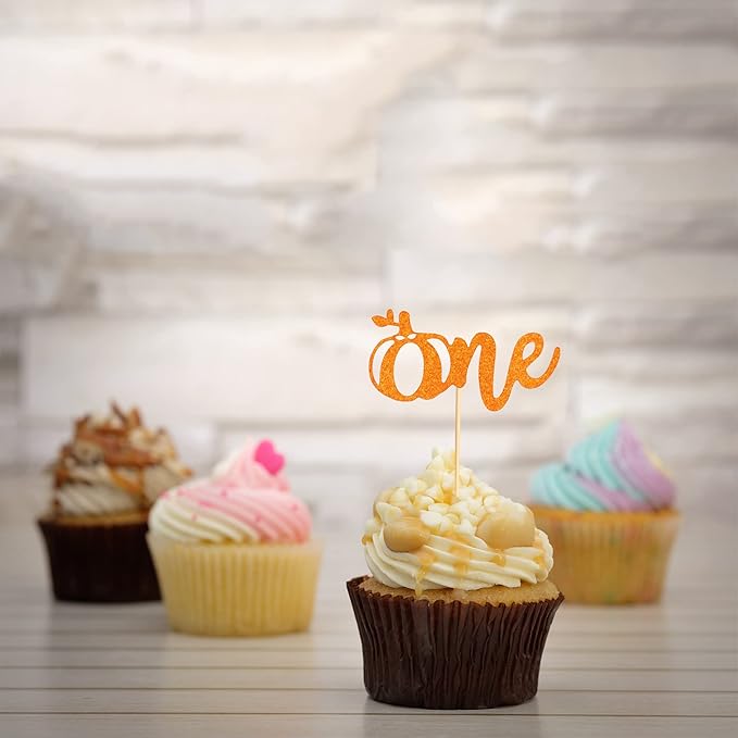 24pcs Pumpkin One Cupcake Toppers Fall First Birthday Cake Decorations, Orange Glitter Little Pumpkin Decorations, Pumpkin 1st Birthday Cupcake Picks Baby Shower