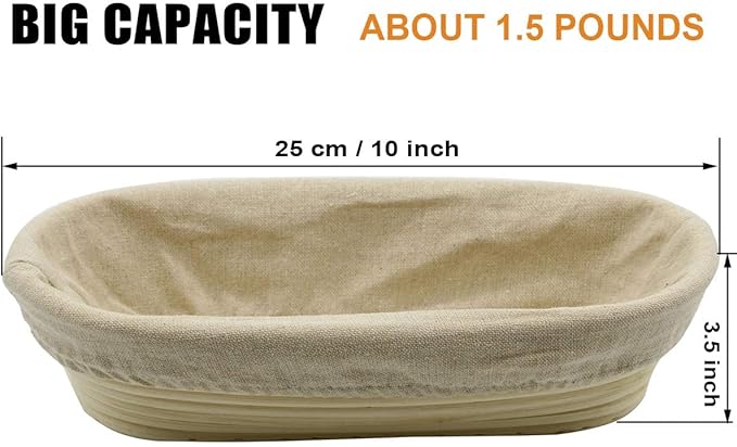 2 PCS 10 inch Oval Long Banneton Brotform Bread Dough Proofing Rising Rattan Basket & Liner for Professional & Home Bakers