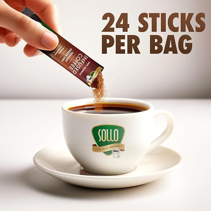 SOLLO Slim Infused Instant Coffee sticks (24 Servings) Weight Loss Healthy Body Support, Medium- Dark Roast, 100% Arabica Freeze Dried Coffee in Single Serve Sticks.