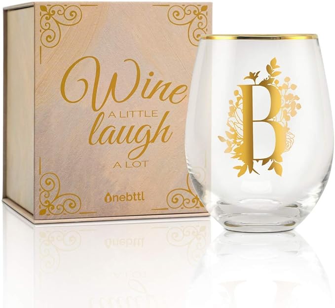 Onebttl Unique Stemless Wine Glasses, Initial Wine Cup for Red or White Wine - 18oz, Monogrammed, Gold - for Women, Girls, Female, Her, Friends, Coworkers, Clients - for Birthday, Christmas