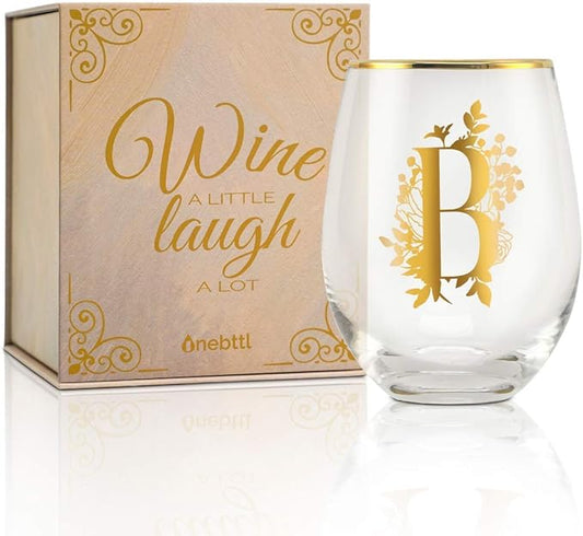 Onebttl Unique Stemless Wine Glasses, Initial Wine Cup for Red or White Wine - 18oz, Monogrammed, Gold - for Women, Girls, Female, Her, Friends, Coworkers, Clients - for Birthday, Christmas
