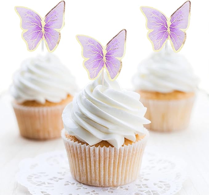 Set of 66 Pack Purple Gold Cupcake Toppers Mixed Size&Colour 3D Butterfly Cake Picks Decorations with Dot Glue and Support Stick for Girl Women Wedding Birthday Party Baby Shower Food Wall Decoration