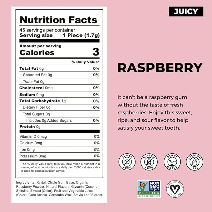 Refresh Gum, Xylitol, Natural, Sugar Free, Long Lasting, Plastic Free, Natural Flavors & Organic Ingredients, Plant-Based, Low Calorie, Non GMO, Gluten Free, Vegan, Raspberry Flavor, 12 Pcs, 12 Pack