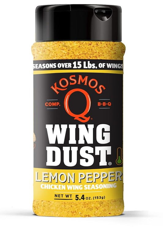 Kosmos Q Lemon Pepper Seasoning Wing Dust, Lemon Pepper Powder Chicken Wing Seasoning For Chicken, Fish, Popcorn & More, Zesty Citrus & Touch of Heat, Dry Rub Dust For Grilling, 5 Oz Shaker Bottle