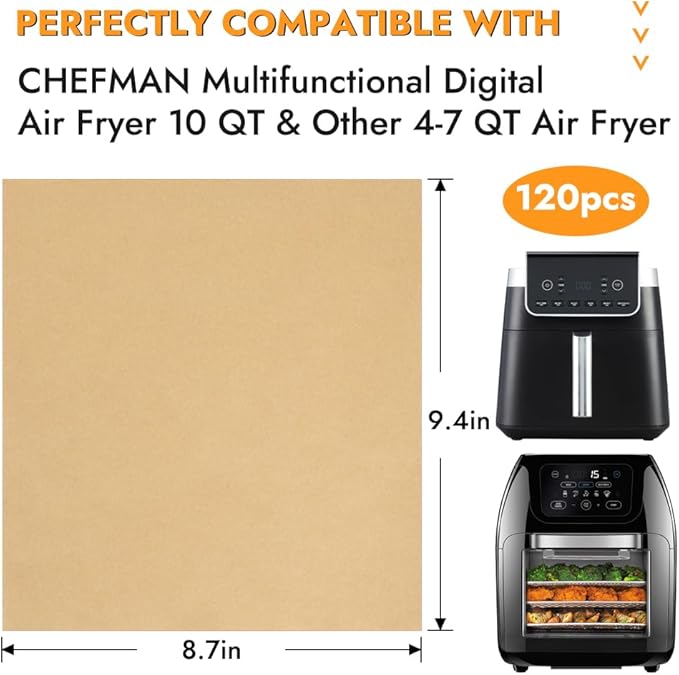 BYKITCHEN 9.4x8.7in Air Fryer Liners Compatible with 4-7QT Airfryer &CHEFMAN 10QT Multifunctional Airfryer, 120PCS Air Fryer Disposable Parchment Paper Liners, Air Fry Dehydrator Combo Accessories