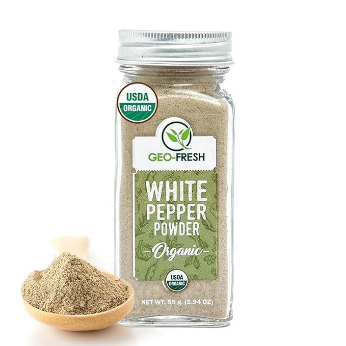 Geo-Fresh Organic White Pepper Ground ??1.94 oz Glass Jar ??White Pepper Powder ??USDA Certified, Non-GMO, Kosher, Gluten-Free ??Premium Organic Spice for Cooking & Seasoning