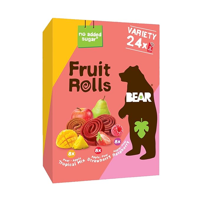 BEAR Real Fruit Snack Rolls - Gluten Free, Vegan, and Non-GMO - Variety Pack (Strawberry, Raspberry, Tropical)) ??48 Rolls, Healthy School And Lunch Snacks For Kids And Adults, 0.7 Ounce (Pack of 24)